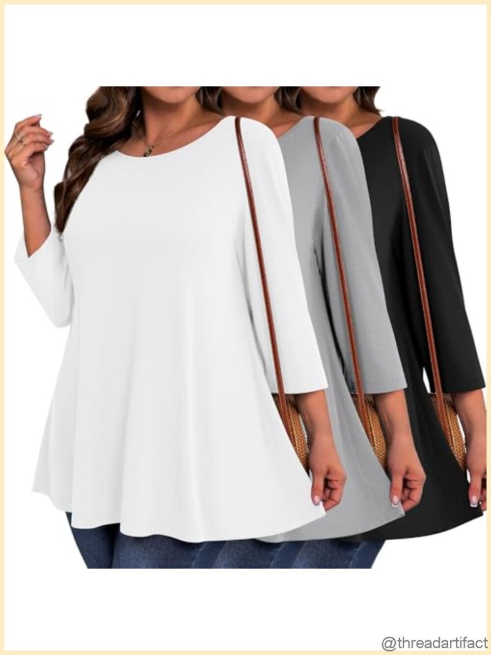 Plus Size Tunic Tops 3 Pack 3/4 Sleeve Round Neck Loose Fit
